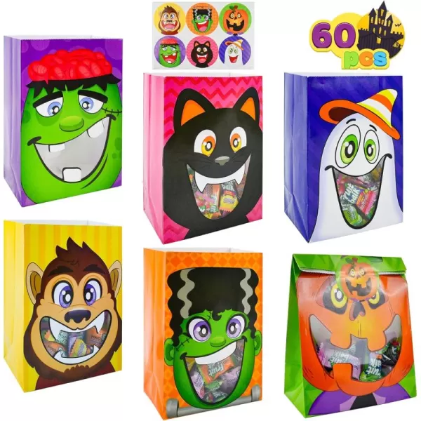 JOYIN 60 PCS Halloween Treat Bags with Transparent Clear Window Halloween Candy Bags in 6 Designs with Stickers Halloween Goodie Gift Bags Halloween SeeThrough Trick or Treat Bags for Party Favors