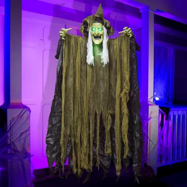 JOYIN 67quot Hanging Witch Decor Halloween Decorations Outdoor Talking Flying Witch Haunted House Party Supplies Sound Activated Light Up Eyes Brown Ragged Robe Green Face Yard Garden Front Porch Door