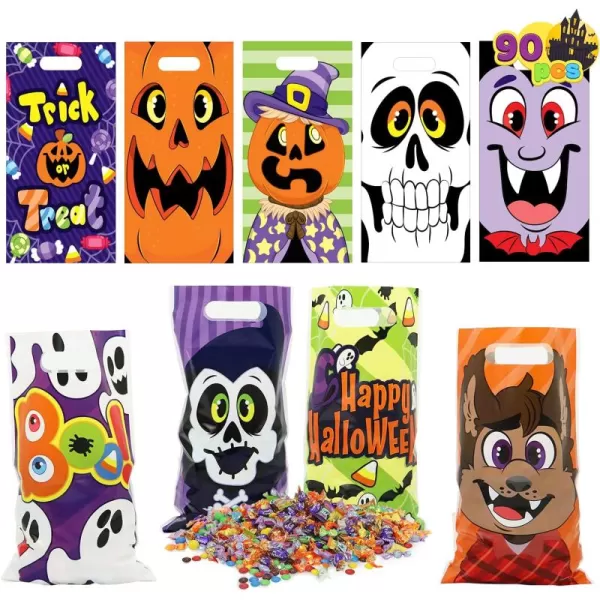 JOYIN 90 Pcs Halloween Treat Bags Halloween Plastic Goodie Bags with 9 Character Designs Halloween Candy Bags for Kids TrickorTreating Halloween Party Favors Halloween Treats and Gift