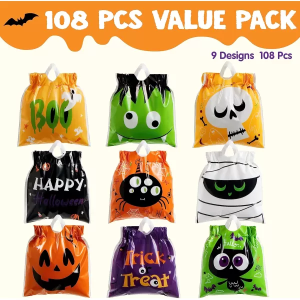 JOYIN 108 Pcs Halloween Drawstring Treat Bags with 9 Character Designs Mini Halloween Goodie Gift Bags Trick or Treat Candy Bags for Halloween Party Favor