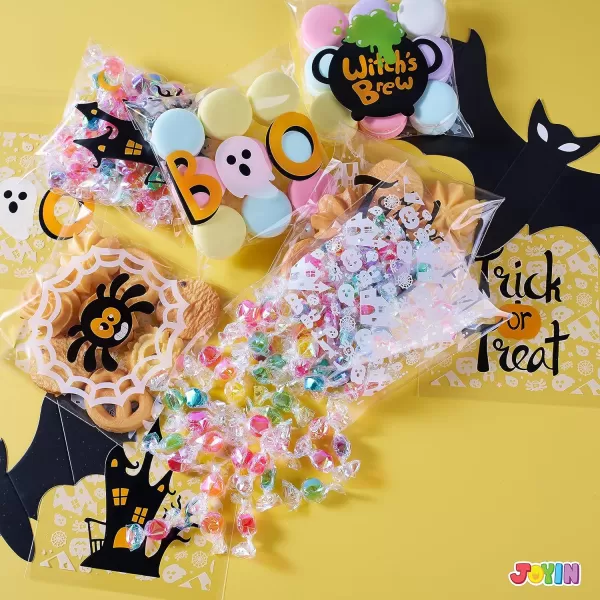 JOYIN 150 PCS Halloween Cellophane Treat Bags Self Adhesive Clear Cookie and Candy Bags for Kids Trick or Treating Goodie Gift Ziplock Bags for Halloween Party Favors Supplies