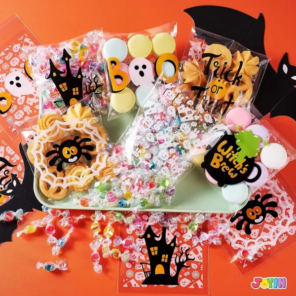 JOYIN 150 PCS Halloween Cellophane Treat Bags Self Adhesive Clear Cookie and Candy Bags for Kids Trick or Treating Goodie Gift Ziplock Bags for Halloween Party Favors Supplies