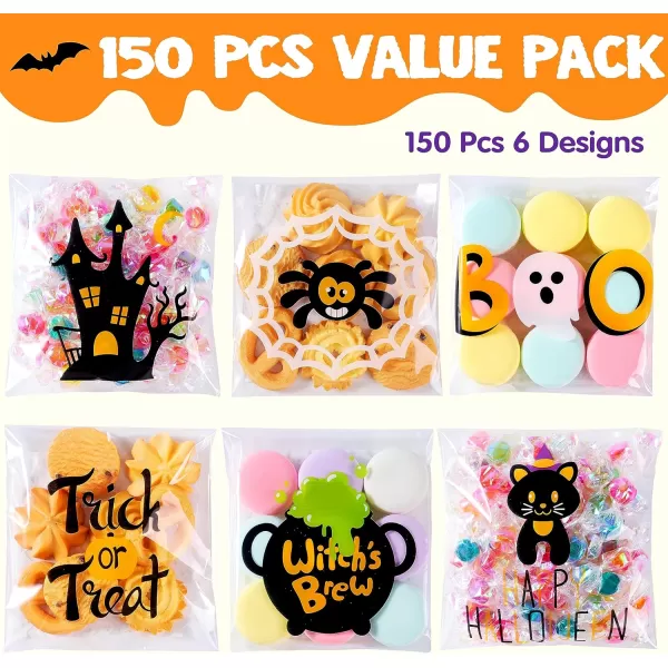 JOYIN 150 PCS Halloween Cellophane Treat Bags Self Adhesive Clear Cookie and Candy Bags for Kids Trick or Treating Goodie Gift Ziplock Bags for Halloween Party Favors Supplies