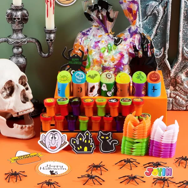 JOYIN 168 Pcs Halloween Stationery Set 24 Pack Goody Bags with Halloween Tag Including Vampire Teeth Spiders Stamps Stickers Slap Bracelets for Kids Trick or Treat Party Favor