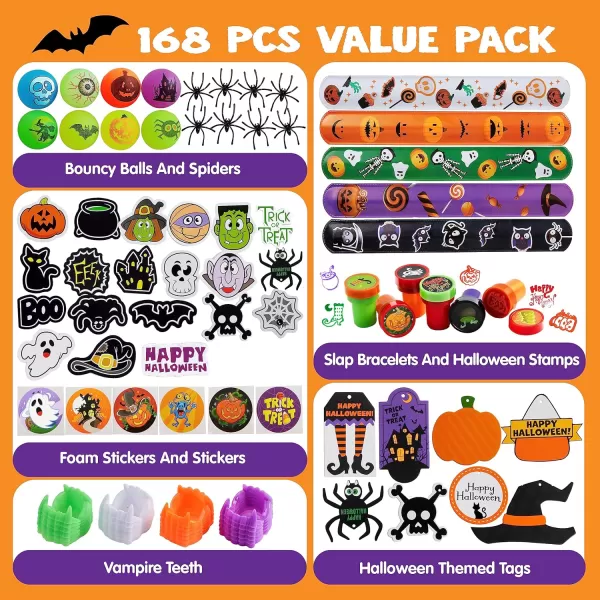 JOYIN 168 Pcs Halloween Stationery Set 24 Pack Goody Bags with Halloween Tag Including Vampire Teeth Spiders Stamps Stickers Slap Bracelets for Kids Trick or Treat Party Favor