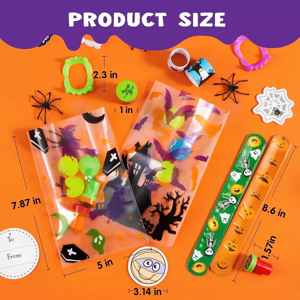 JOYIN 168 Pcs Halloween Stationery Set 24 Pack Goody Bags with Halloween Tag Including Vampire Teeth Spiders Stamps Stickers Slap Bracelets for Kids Trick or Treat Party Favor