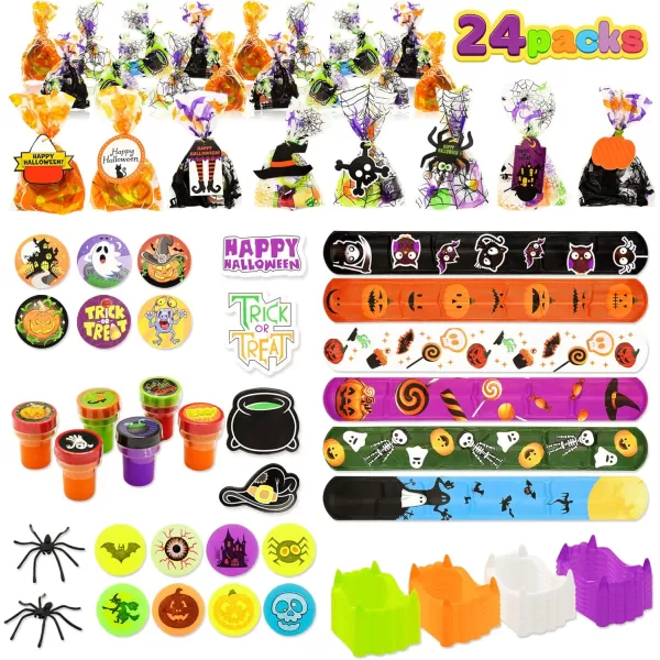 JOYIN 168 Pcs Halloween Stationery Set 24 Pack Goody Bags with Halloween Tag Including Vampire Teeth Spiders Stamps Stickers Slap Bracelets for Kids Trick or Treat Party Favor