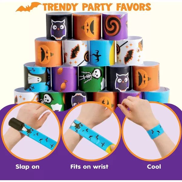 JOYIN 168 Pcs Halloween Stationery Set 24 Pack Goody Bags with Halloween Tag Including Vampire Teeth Spiders Stamps Stickers Slap Bracelets for Kids Trick or Treat Party Favor