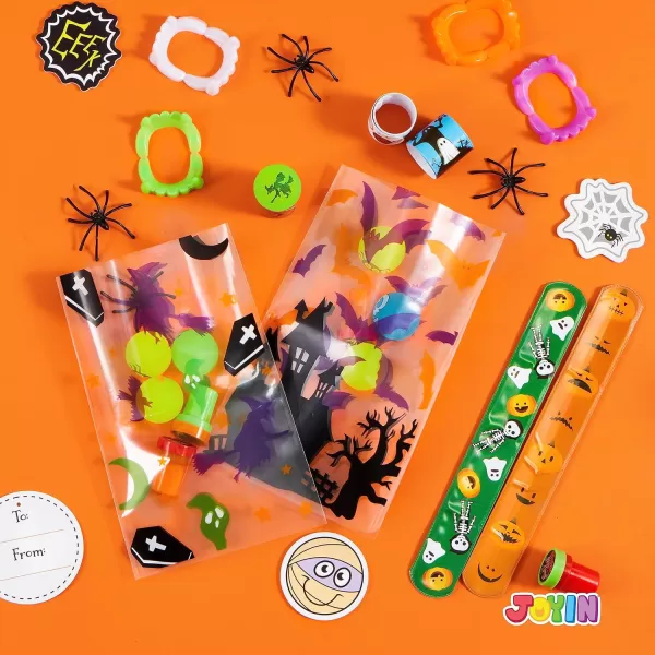 JOYIN 168 Pcs Halloween Stationery Set 24 Pack Goody Bags with Halloween Tag Including Vampire Teeth Spiders Stamps Stickers Slap Bracelets for Kids Trick or Treat Party Favor