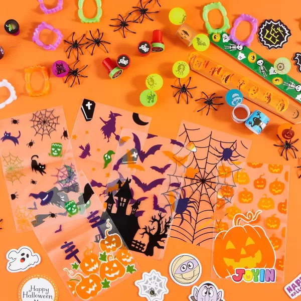 JOYIN 168 Pcs Halloween Stationery Set 24 Pack Goody Bags with Halloween Tag Including Vampire Teeth Spiders Stamps Stickers Slap Bracelets for Kids Trick or Treat Party Favor