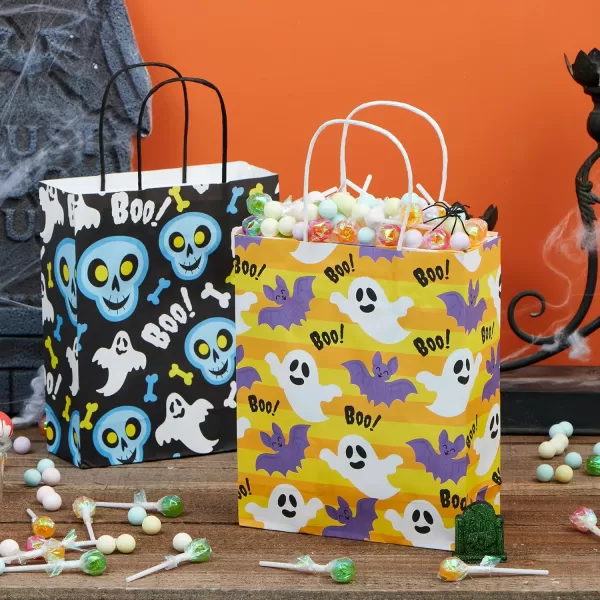 JOYIN 24 Pcs Halloween Goodie Bags with Handles Paper Trick or Treating Gift Bag Bulk in 6 designs for Halloween Treat Party Favor Halloween Colored Candy Bags for Party Supplies