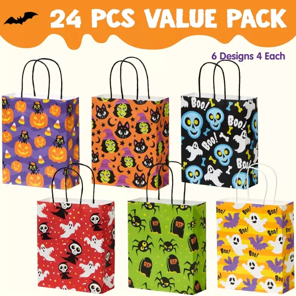 JOYIN 24 Pcs Halloween Goodie Bags with Handles Paper Trick or Treating Gift Bag Bulk in 6 designs for Halloween Treat Party Favor Halloween Colored Candy Bags for Party Supplies