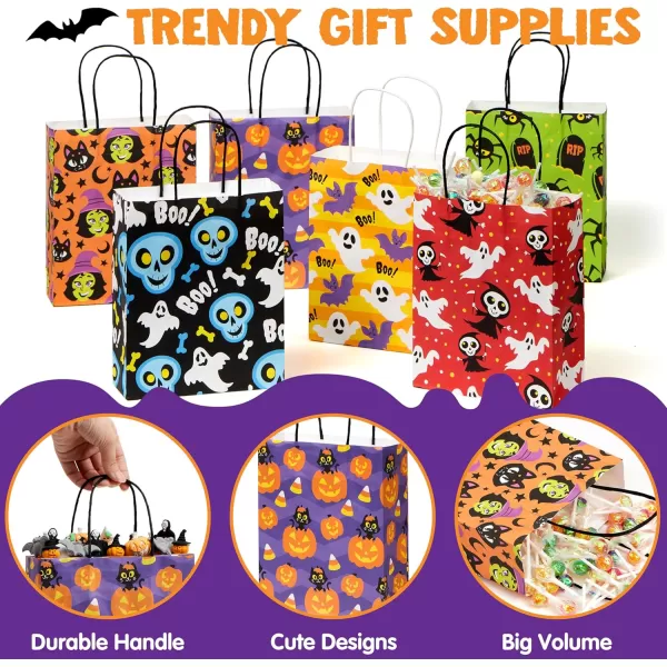 JOYIN 24 Pcs Halloween Goodie Bags with Handles Paper Trick or Treating Gift Bag Bulk in 6 designs for Halloween Treat Party Favor Halloween Colored Candy Bags for Party Supplies