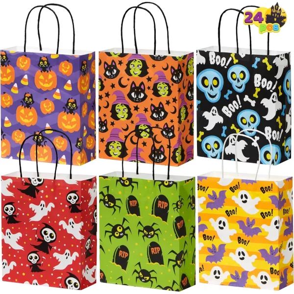 JOYIN 24 Pcs Halloween Goodie Bags with Handles Paper Trick or Treating Gift Bag Bulk in 6 designs for Halloween Treat Party Favor Halloween Colored Candy Bags for Party Supplies