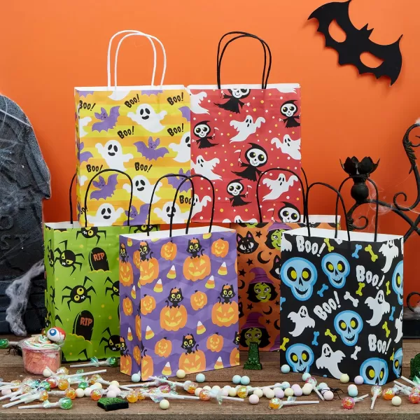 JOYIN 24 Pcs Halloween Goodie Bags with Handles Paper Trick or Treating Gift Bag Bulk in 6 designs for Halloween Treat Party Favor Halloween Colored Candy Bags for Party Supplies