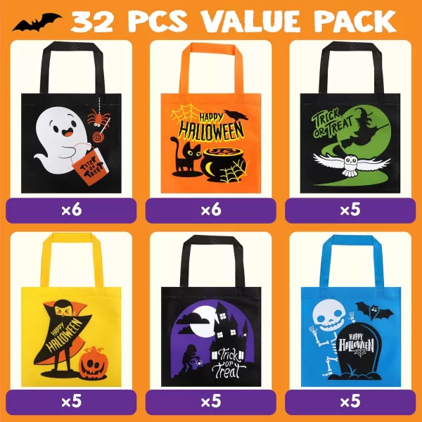 JOYIN 32 NonWoven Halloween Tote Gift Bags Colorful for Kids 6 Patterns Design Trick or Treat Bags for Halloween Party Favor Supplies Reusable Goody Candy Bag Halloween Snacks Goodie BagsMulticolor