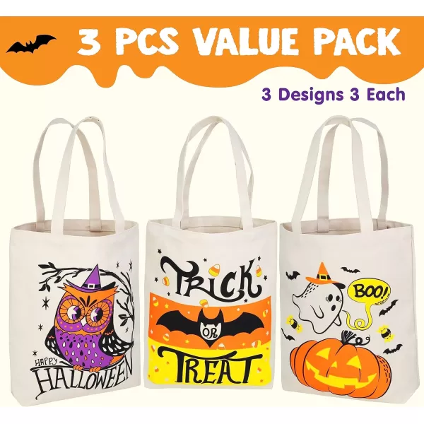 JOYIN 3PCS 1375 Large Halloween Tote Treat Bags for Trick or Treating Halloween Goodie Candy Bags Reusable Canvas Gift Bags for Kids Party Favor Supplies Snack Grocery Bags with Handles