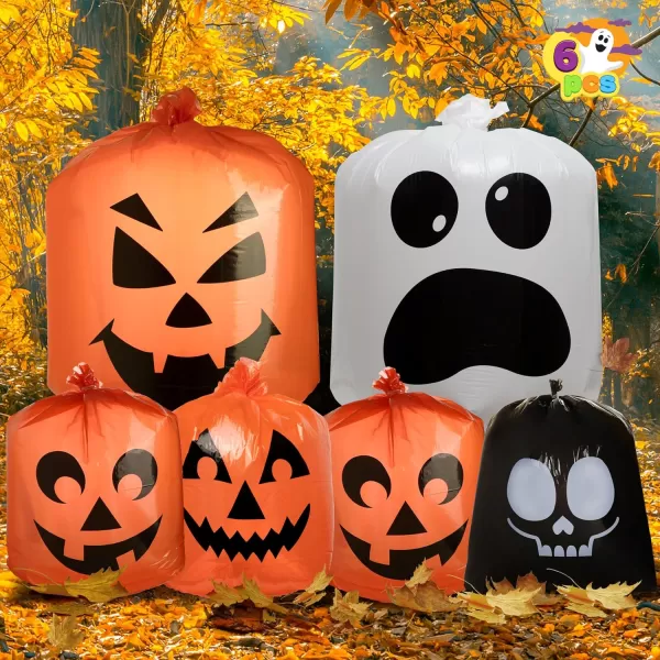 JOYIN 6 Pcs Halloween Leaf Bags Pumpkin Leaf Lawn Bags for Yard Fall Leaf Outdoor Decorations Plastic Resuable Jack o Lantern Trash Bag for Halloween Decor Party Favors Party Supplies