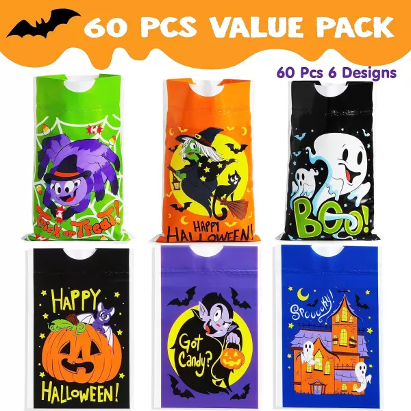JOYIN 60 Pcs Halloween Drawstring Treat Bags Goodie Candy Trick or Treat Bags Bulk 6 Design Goody Bags for Trick or Treating Small Plastic Snack Gifts Bags for Kids Halloween Party Favors Supplies