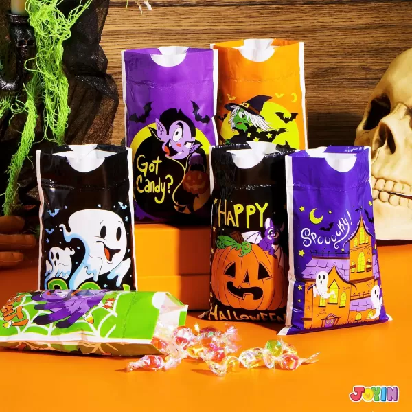JOYIN 60 Pcs Halloween Drawstring Treat Bags Goodie Candy Trick or Treat Bags Bulk 6 Design Goody Bags for Trick or Treating Small Plastic Snack Gifts Bags for Kids Halloween Party Favors Supplies
