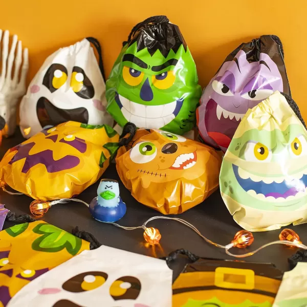 JOYIN 60PCS Halloween Drawstring Treat Bags Goodie Candy Trick or Treat Bags Bulk in 12 Cute Monster Designs Small Plastic Gifts Bags for Kids Trick or Treating Halloween Party Favors Supplies