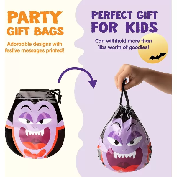 JOYIN 60PCS Halloween Drawstring Treat Bags Goodie Candy Trick or Treat Bags Bulk in 12 Cute Monster Designs Small Plastic Gifts Bags for Kids Trick or Treating Halloween Party Favors Supplies