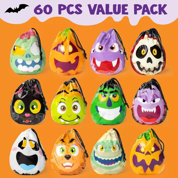 JOYIN 60PCS Halloween Drawstring Treat Bags Goodie Candy Trick or Treat Bags Bulk in 12 Cute Monster Designs Small Plastic Gifts Bags for Kids Trick or Treating Halloween Party Favors Supplies