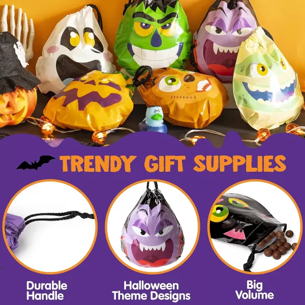 JOYIN 60PCS Halloween Drawstring Treat Bags Goodie Candy Trick or Treat Bags Bulk in 12 Cute Monster Designs Small Plastic Gifts Bags for Kids Trick or Treating Halloween Party Favors Supplies