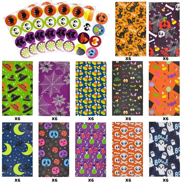 JOYIN 72 PCS Halloween Paper Treat Bags with Stickers Halloween Candy Goodie Bags with 12 Character Designs for Halloween Party Supply Trick or Treat Paper Bags for Party Favors