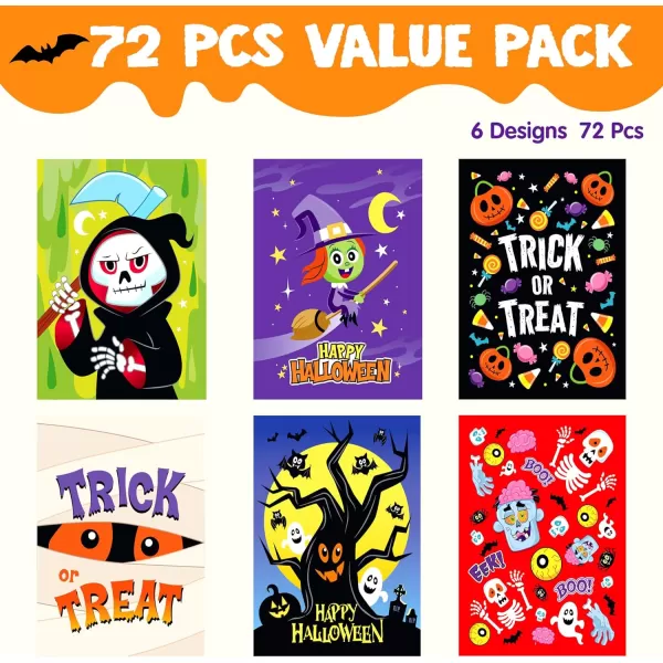 JOYIN 72 Pcs Halloween Candy Bags Trick or Treating Goodie Bags in 6 Halloween Character Themed Designs for Kids Halloween Party Favor Plastic Snacks Stuffers Bag for Party Supplies