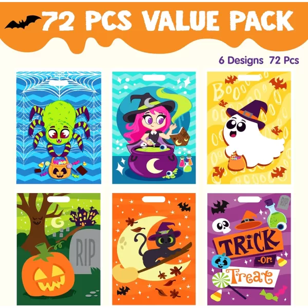 JOYIN 72 Pcs Halloween Goodie Bags Halloween Candy Bags in 6 Designs for Kids Snacks Party Favors Trick or Treating Bag for Halloween Party Supplies Snacks Stuffers Prizes