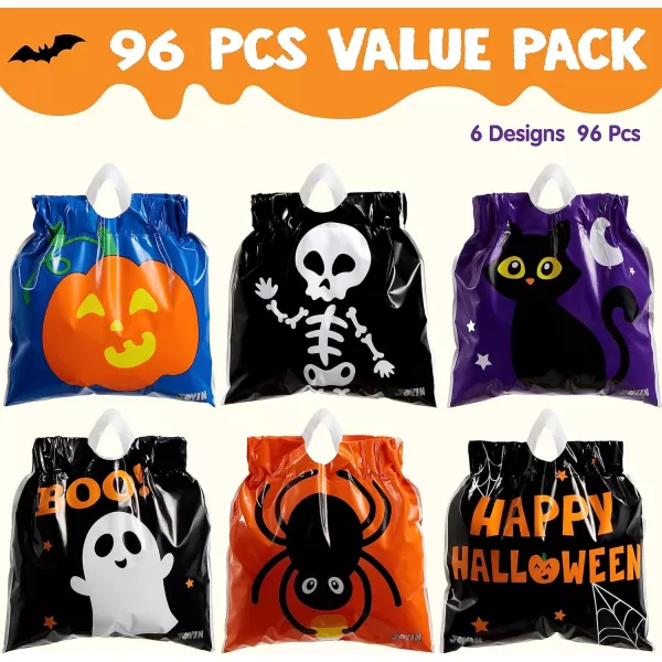 JOYIN 96 Pcs Halloween Drawstring Candy Bags Small Trick or Treat Bags Bulk Plastic Goodie Bags for Trick or Treating Gift Bags for Kids Boys Girls Halloween Party Favors Supplies