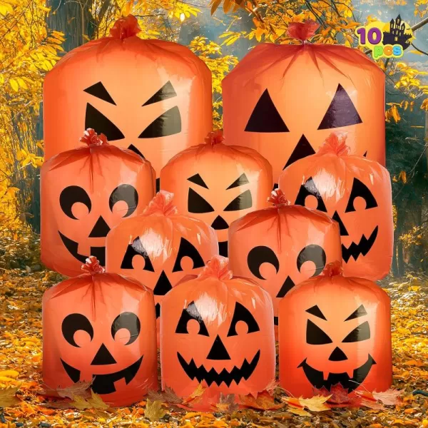 JOYIN 10 Pcs Halloween Pumpkin Plastic Lawn and Leaf Bags Decoration  Outdoor Fall Trash Bag Decor  Orange Jack O Lantern Bags for Halloween Party and Decoration