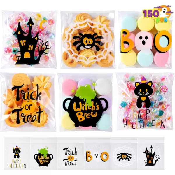 JOYIN 150 PCS Halloween Cellophane Treat Bags Self Adhesive Clear Cookie and Candy Bags for Kids Trick or Treating Goodie Gift Ziplock Bags for Halloween Party Favors Supplies