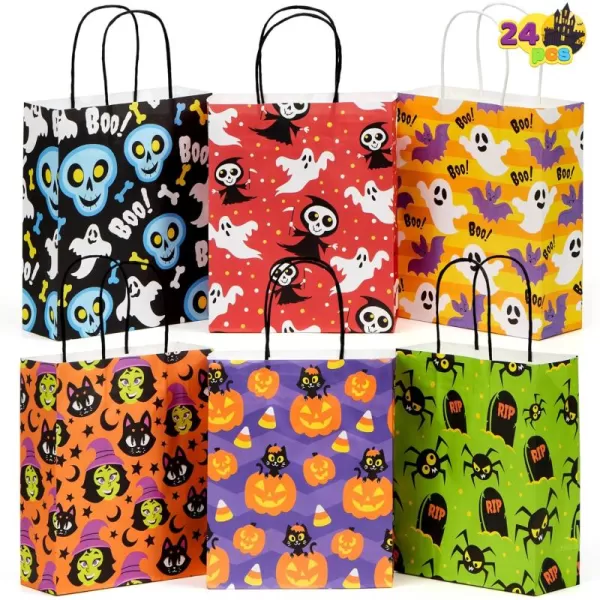 JOYIN 24 Pcs Halloween Goodie Bags with Handles Paper Trick or Treating Gift Bag Bulk in 6 designs for Halloween Treat Party Favor Halloween Colored Candy Bags for Party Supplies