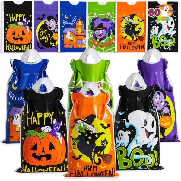 JOYIN 60 Pcs Halloween Drawstring Treat Bags Goodie Candy Trick or Treat Bags Bulk 6 Design Goody Bags for Trick or Treating Small Plastic Snack Gifts Bags for Kids Halloween Party Favors Supplies