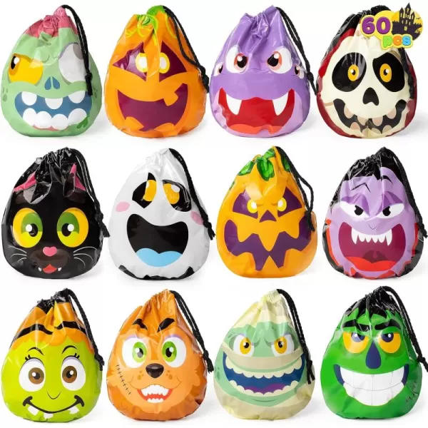 JOYIN 60PCS Halloween Drawstring Treat Bags Goodie Candy Trick or Treat Bags Bulk in 12 Cute Monster Designs Small Plastic Gifts Bags for Kids Trick or Treating Halloween Party Favors Supplies