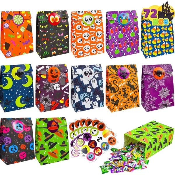 JOYIN 72 PCS Halloween Paper Treat Bags with Stickers Halloween Candy Goodie Bags with 12 Character Designs for Halloween Party Supply Trick or Treat Paper Bags for Party Favors