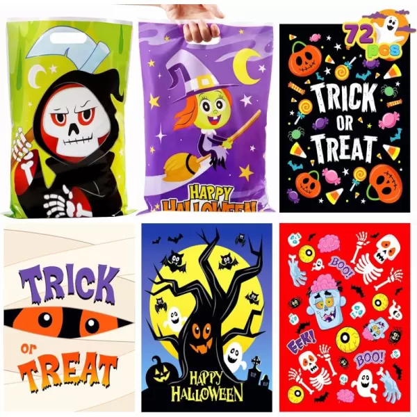 JOYIN 72 Pcs Halloween Candy Bags Trick or Treating Goodie Bags in 6 Halloween Character Themed Designs for Kids Halloween Party Favor Plastic Snacks Stuffers Bag for Party Supplies