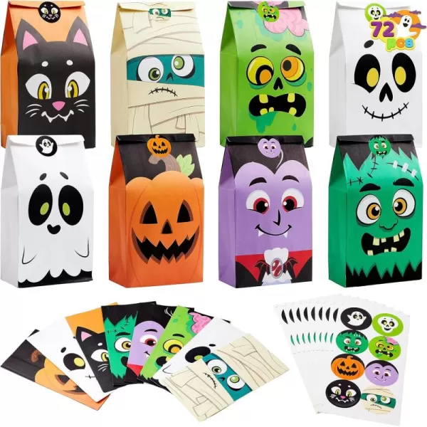 JOYIN 72PCS Halloween Treat Bags 6 Styles Trick or Treat Paper Bags with Stickers Halloween Goodie Bags for Kids Halloween Candy Bags Halloween Party Favors Decorations