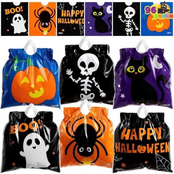 JOYIN 96 Pcs Halloween Drawstring Candy Bags Small Trick or Treat Bags Bulk Plastic Goodie Bags for Trick or Treating Gift Bags for Kids Boys Girls Halloween Party Favors Supplies