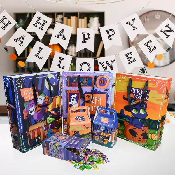 JOYIN 12 PCS Halloween Treat Bags Set Includes 9 Mini Halloween Treat Boxes and 3 Large Cardboard Paper Tote Bags for Trick or Treat Halloween Goodie Bags for Gift Kids Halloween Party Favor