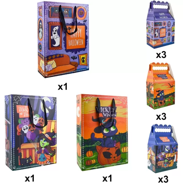 JOYIN 12 PCS Halloween Treat Bags Set Includes 9 Mini Halloween Treat Boxes and 3 Large Cardboard Paper Tote Bags for Trick or Treat Halloween Goodie Bags for Gift Kids Halloween Party Favor