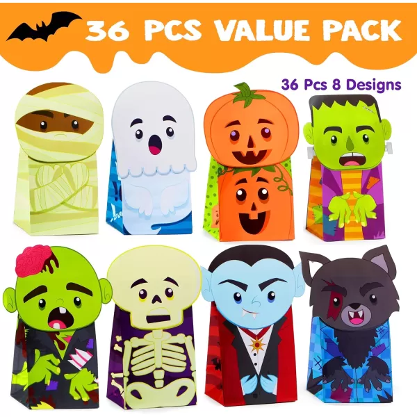 JOYIN 36PCS Halloween Treat Goodies Bags 5  8quot DieCut Flip Over Candy Box Bulk Gift Bag for Trick or Treating 8 Design NonCandy Trick or Treat Cookies Box for Kids Halloween Party Favor Supplies