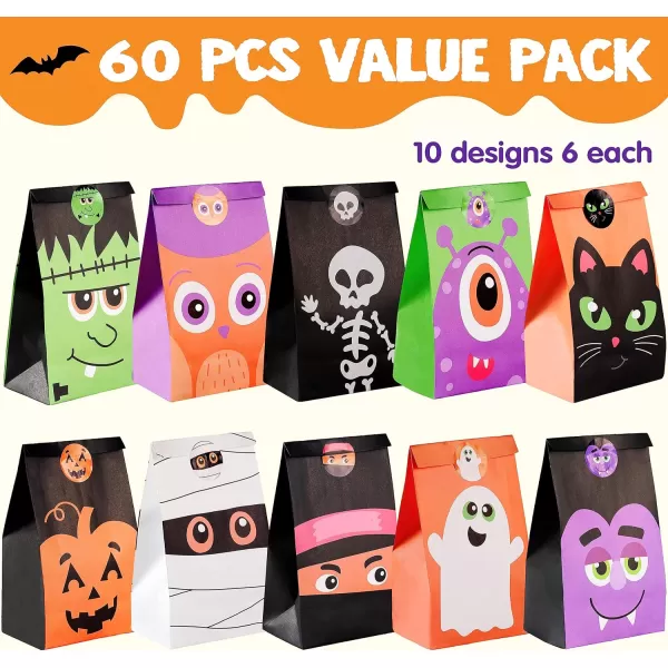 JOYIN 60 PCS Halloween Characters Paper Treat Bags Trick or Treat Goodie Bags Candy Bags with Stickers for Halloween Party Favor Supplies