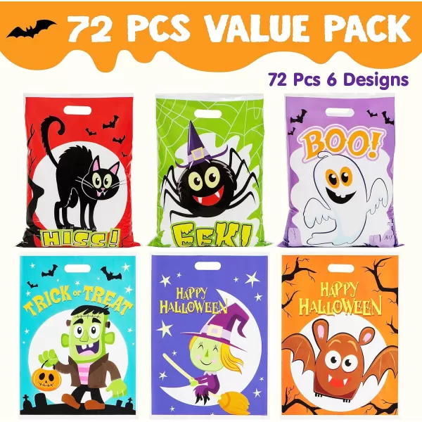 JOYIN 72 PCS Halloween Candy Bag for Trick or Treat Halloween Treat Bags with 6 Designed Characters Halloween Plastic Goodie Gift Bags for Party Favors Party Supplies