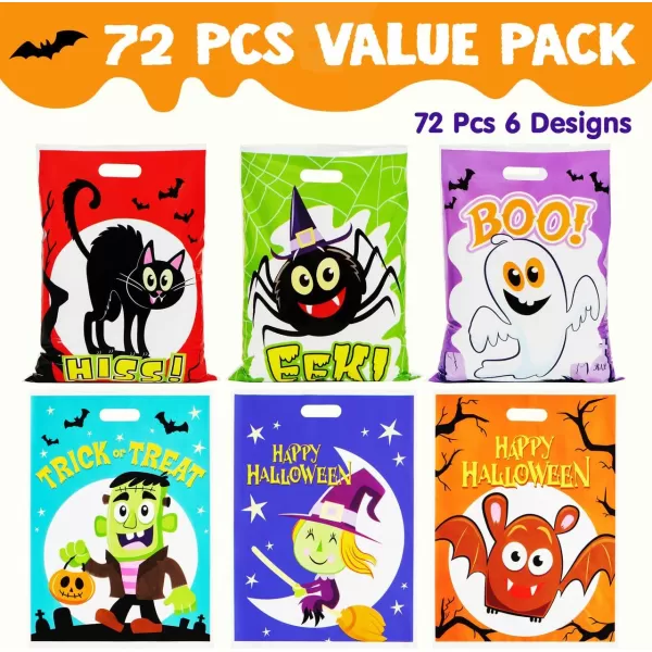 JOYIN 72 PCS Halloween Candy Bag for Trick or Treat Halloween Treat Bags with 6 Designed Characters Halloween Plastic Goodie Gift Bags for Party Favors Party Supplies