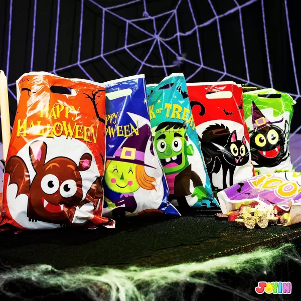 JOYIN 72 PCS Halloween Candy Bag for Trick or Treat Halloween Treat Bags with 6 Designed Characters Halloween Plastic Goodie Gift Bags for Party Favors Party Supplies