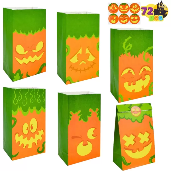 JOYIN 72 PCS Halloween Paper Treat Bags with Pumpkin Face Halloween Goodie Bags with Stickers Halloween Candy Gift Bags for Party Favor Halloween Trick or Treat Bags for Party Supplies