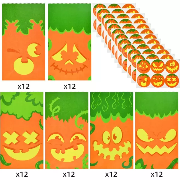 JOYIN 72 PCS Halloween Paper Treat Bags with Pumpkin Face Halloween Goodie Bags with Stickers Halloween Candy Gift Bags for Party Favor Halloween Trick or Treat Bags for Party Supplies
